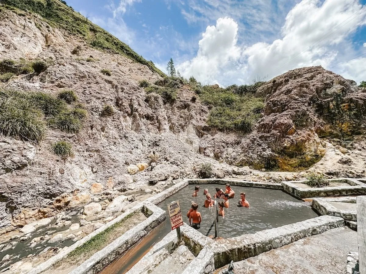 Bathers soaking in a steaming volcanic mud pool at Sulphur Springs