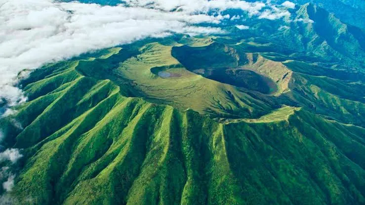 Aerial view of the green crater of La Soufrière volcano