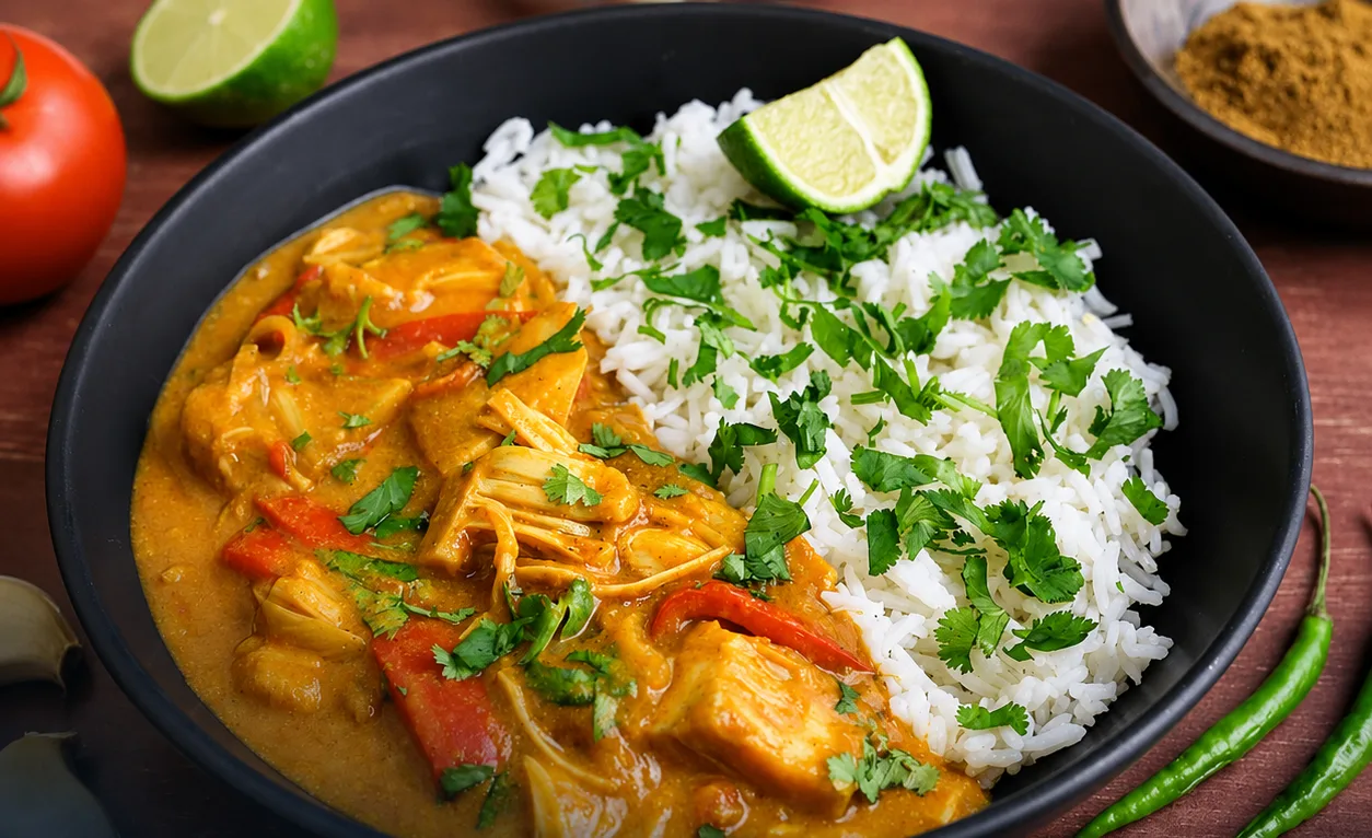 Lamprais rice and curries served on a banana leaf