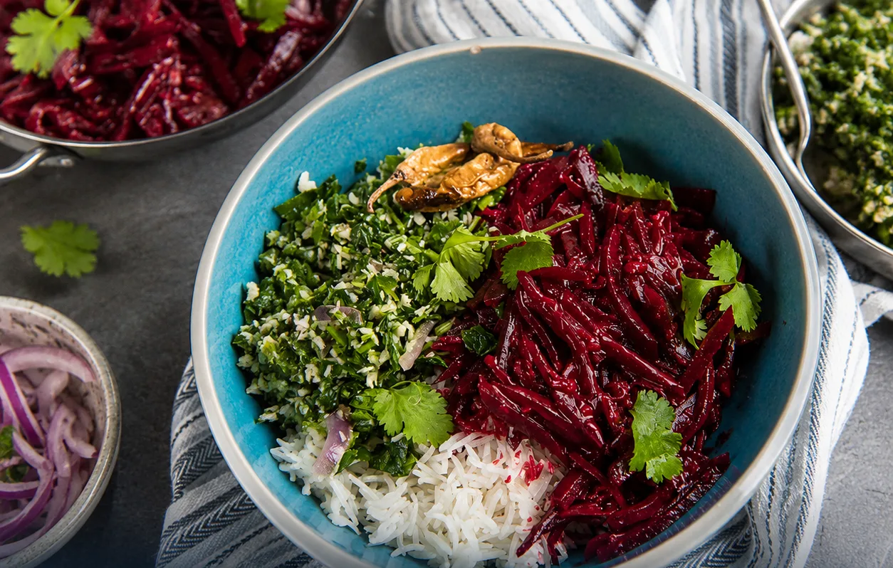 Sri Lankan beetroot curry with rice and accompaniments