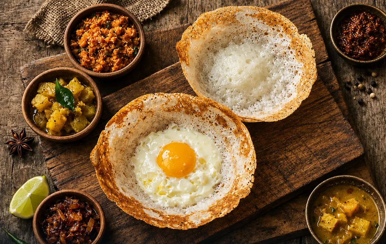 Sri Lankan egg hoppers served with sambols and curry